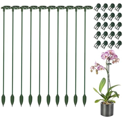 Nogeqi 10 Pack Orchid Stakes and Clips,Plant Support Stakes,10.6 Inch Plant Holder Stick for Garden,Plant Supports for Rose Tomato Outdoor Indoor Plants