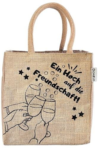 Domelo Jute Flaschenkorb 2 in 1: Flaschenträger & Einkaufstasche 6er Träger | Damen Handtasche Aufbewahrungstasche für 6 Flaschen/Dosen. Kleine Sekt Jutetasche To Go Tasche, Witzige Geschenke für Frauen