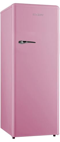 SCHOEPF – RKS245 Vollraum-Kühlschrank 145,6 cm – Retro Design – 238 L – LED-Beleuchtung – Höhenverst. Füße – 40 dB – Freistehend – Vintage Look - Getränkekühlschrank, Standardkühlschrank (Pink)