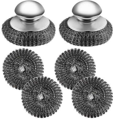 Kueohse 2 estropajos de acero inoxidable con 4 estropajos de repuesto, para limpiar utensilios de cocina de hierro fundido, vajilla, ollas de cocina, barbacoas