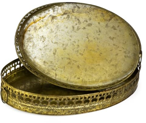 Moritz Tablett Set oval Grün-Gold Metall 35 cm – Serviertablett Vintage | Zwei Größen mit durchbrochenem Rand und Griffen im warmen Antik-Ton, für Tischdeko, Obst, Kerzen und Pflanzen