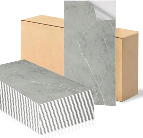 Swehooirt Grey Marble Tile Stickers 60x30cm 50Pcs Thicken Self Adhesive Wall Tiles,Peel and Stick Waterproof Vinyl Marble Tiles for Bathroom Kitchen Splashback Living Room Bedroom
