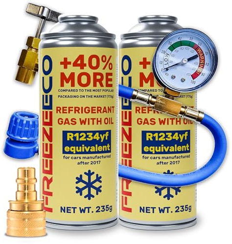 FREEZEECO Kit Recarga Aire Acondicionado Coche R1234yf - 2 Latas de Gas Refrigerante con Aceite 235g - Incluye Manguera con Manómetro y Adaptador YF - Modelos desde 2017