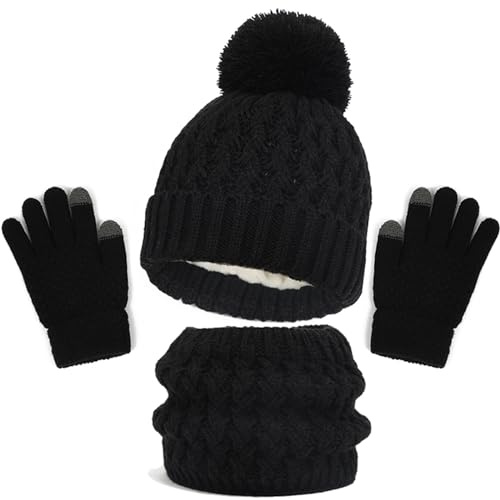 Generisch 2025 ~ Ensemble bonnet d'hiver pour enfant avec bonnet, gants, écharpe, bonnet avec pompon en tricot, guêtre, moufles doublées en polaire, Noir , 1-6 ans