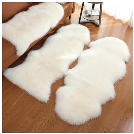 Alfombra extra gruesa de piel de oveja auténtica de Nueva Zelanda, cálida y esponjosa de lana blanca para sala de estar, sofá, cojín acogedor de piel de oveja (2 unidades, 200 x 65 cm)