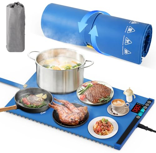 Food Warming Mat 23.6x15.7, LAMA Electric Warming Tray with 6 Temperature Settings, 5H Timer, 10S Fast Heating, Switchable℃/℉ and Locking Function, Roll Heating Pads to Keep Food Warm