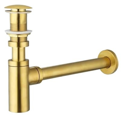 Sifón de latón for lavabo baño, 30 cm longitud, con sifón en forma P dorado cepillado y desagüe emergente sin ranuras, colador ranurado Para Fregaderos(Without hole)
