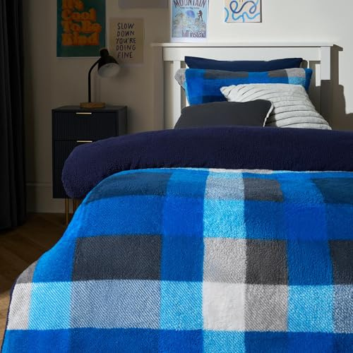 OHS Reversible Teddy Fleece Duvet Set, Super Soft Warm Winter Bedding Vibrant Patchwork Check Quilt Duvet Cover Single Cosy Fluffy Thermal Teddy Bear Bedding with Pillowcase, Navy/Grey