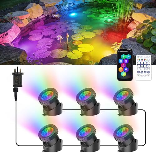 NATPOW Pond Lights Mains Powered, Underwater Spot Lights RGB Colour Changing, IP68 Waterproof Aquarium Light, Submersible Project Light Lamp for Garden Pool, Fountain(6-in-1)
