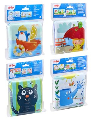 HABA Stoffbuch Badebuch 4er Pack - 4 Badebücher: Zauber-Waschtag „Matsch Weg“ Zauber-Regen Tierfreunde & Pinguin ab 18 Monaten