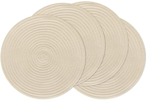 SHACOS Tischset Rund Geflochten Platzset 4er Set Runde Platzsets Abwaschbar, Tischsets Platzsets Rund Ø 33cm Runde Tischmatten Platzdeckchen Hitzebeständig Schmutzabweisend, Creme