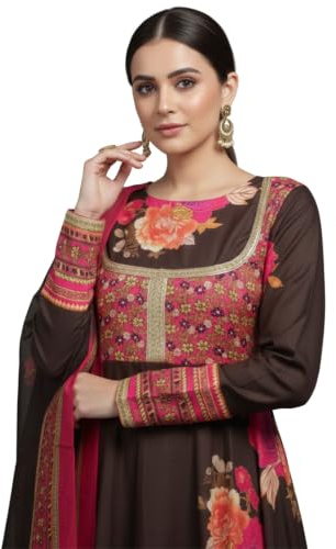 Leriya Fashion etnisk anarkali kurti för kvinnor med dupatta | Tryckt lång flare kurta med dupatta | Damer tvådelad klänning set | damer festlig kurta set |