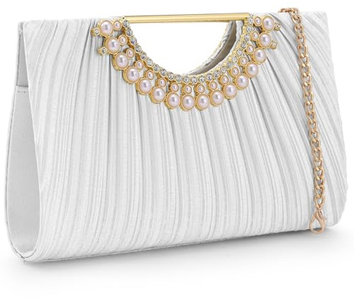 Cckuu Women's Pearl Top Handle Satin Clutch Bag, Elegant Evening Handbag with Detachable Chain for Wedding & Cocktail