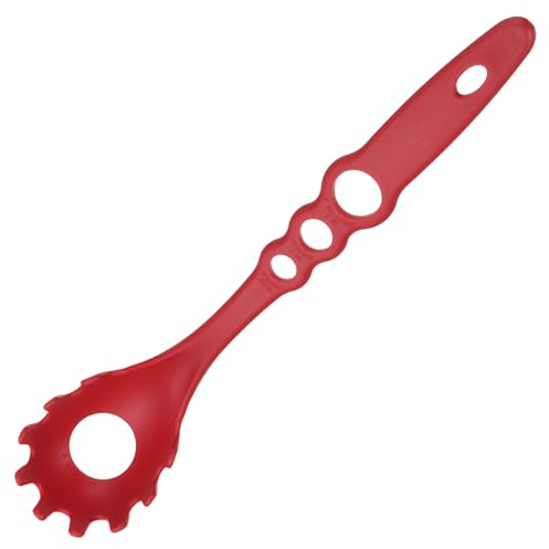 sourcing map Pasta Spoon with Teeth Nylon Pasta Fork Red | Non-stick,Heat Resistant Noodle Spoon Strainer Tong with Measuring Holes for Kitchen Cooking Restaurant