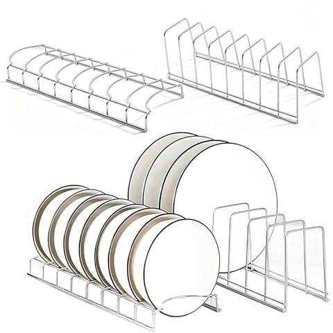 CKUESM 4 PCS Plate Rack for Cupboard, Plate Organiser for Kitchen Stainless Steel Plate Storage for Pot Lid Bowl Plates Cutting Boards Bakeware
