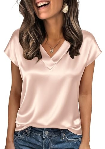 Zeagoo Satinblus Dam Kortärmad V-ringning Silke Elegant Toppar Affärsskjortor Sommar Silke Blus Silk Blouse Tshirt, Elfenben, XXL