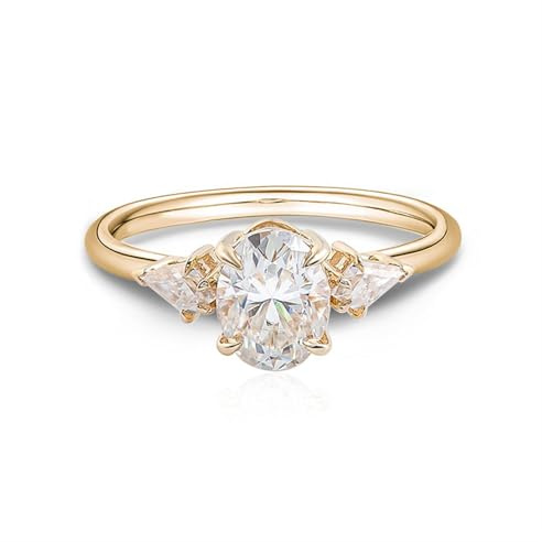Ring Damen Cool, Verlobungsring Damen Dünn 4-Krappen Fassung mit Ovalem Moissanit 9K Gelbgold