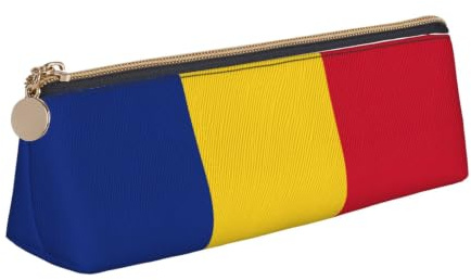 Yyoretp Flag of Romania Print Leather Pencil Pouch Cosmetic Makeup Case Pen Office Stationery Markers Bag
