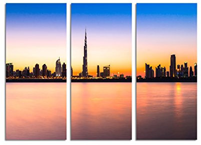 Paul Sinus Art 130x90cm – Keilrahmenbild Skyline Dubai Sonnenuntergang Hafen 3teiliges Wandbild auf Leinwand und Keilrahmen - Fotobild Kunstdruck Artprint