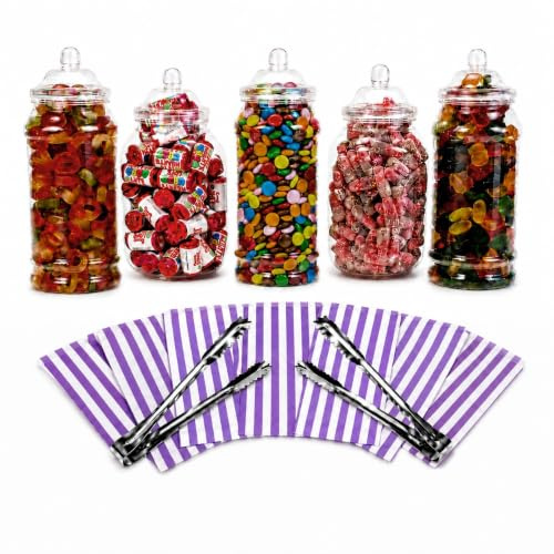 Truly Sweet Candy 5 x 1L Jars, 2 Tongs, 50 Candy Stripe Bags - Vintage Victorian Pick & Mix Sweet Shop Candy Buffet Kit Party Pack (Purple)