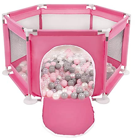 Selonis Sechseckiger Laufstall Mit 100 Bälle Laufgitter Für Kinder, Rosa:Perle/Grau/Transparent/Puderrosa
