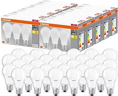 OSRAM LED Base Classic A, in Kolbenform mit E27-Sockel, Nicht Dimmbar, Ersetzt 60 Watt, Matt, Warmweiß - 2700 Kelvin, 10 x 3er-Pack