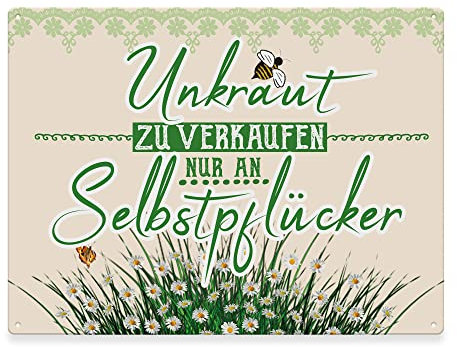 Metallschild für den Garten - Unkraut zu verkaufen an Selbstpflücker - Geschenk für Gärtner, Outdoor geeignet, Gartenschild aus Aluminium | Wetterfest, 21x15 cm