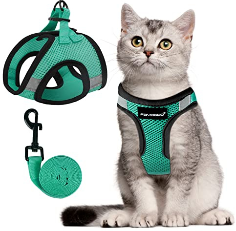 FAYOGOO Katzengeschirr und Leine, ausbruchsicher, verstellbare Leine und Geschirr-Set, lebenslanger Ersatz, einfache Kontrolle, atmungsaktive Katzenleine mit reflektierenden Streifen, Grün, XL