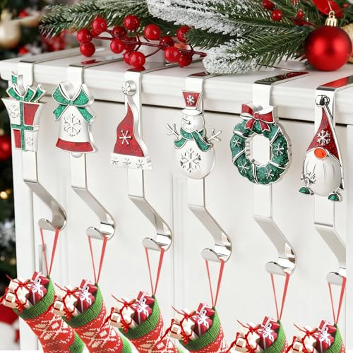 EBANKU 6 Stück Weihnachtsstrumpfhalter, Weihnachtsmuster-Design | Strumpfaufhänger, Silber, rutschfest, für Kaminsims, Weihnachtsstrumpf, Kleiderbügel für Kamin, Regal, Tisch, Kaminsims