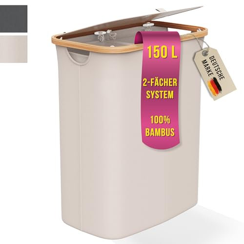 Wäschekorb 150L Faltbar mit Deckel und 2 Fächern – Wäschesammler Bambus-Stoff Beige – Wäschebox, Wäschetruhe, Wäschebehälter, Wäschetrenner für Bad, Schlafzimmer & Waschküche