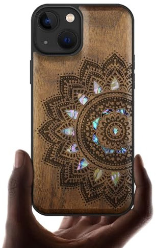 Carveit Bois Etui pour iPhone 13 Magnétique Coque, Coquille de Téléphone Antichoc Compatible avec Apple 13 Étui Magsafe (Noyer-Art Mandala)