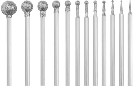 LT Easiyl 12pcs Fraises Diamantées à Tête Ronde pour Sculpture Sur Pierre 0,5~8mm Tête Sphérique Convient avec Mandrin de 3/32 Compatible avec Outil Rotatif, Argent