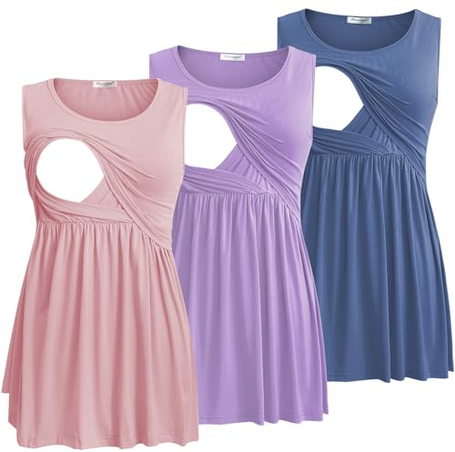 Bearsland Camiseta sin mangas de lactancia para mujer, cuello redondo, suave, Azul neblina, morado claro y rosa, S