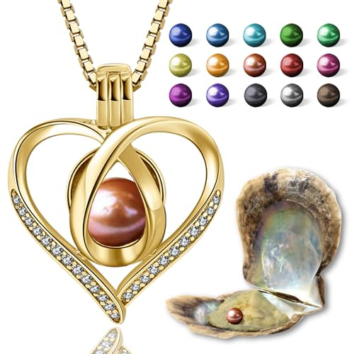 Wunschperlen Herz Halskette mit echter Perle in Auster zum Öffnen, Gold Damenkette mit Anhänger und Perle in Bunter Farbe