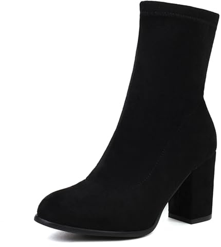 Asterisco Bottines Femme À Talon Bloc Talons Hauts Bottines Bout Rond A Enfiler Bottes Extensibles, R79583Pl Noir Taille 33 EU/32Cn