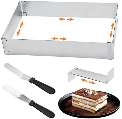 Juibao Telaio da forno rettangolare regolabile, altezza 5 cm, in acciaio inox, rettangolare, con divisore e spatola, per tiramisù, torte a strati, torte, pizza