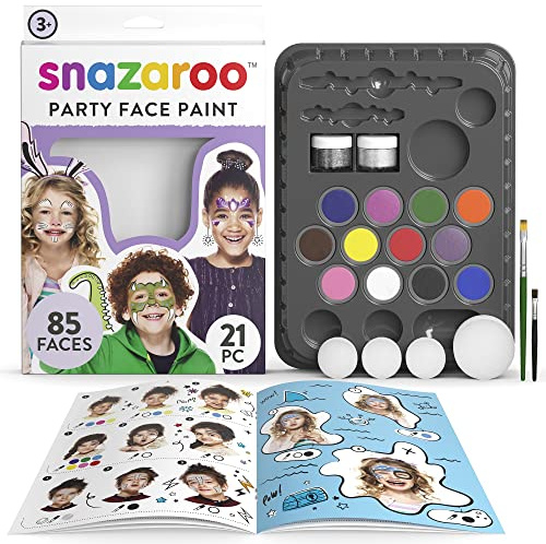 Snazaroo Schminkfarben Ultimatives Party Set, Schminkpalette mit 2 Pinsel, 4 Schwämmchen & Anleitung in englisch, 2 Glittergel, 12 Farben