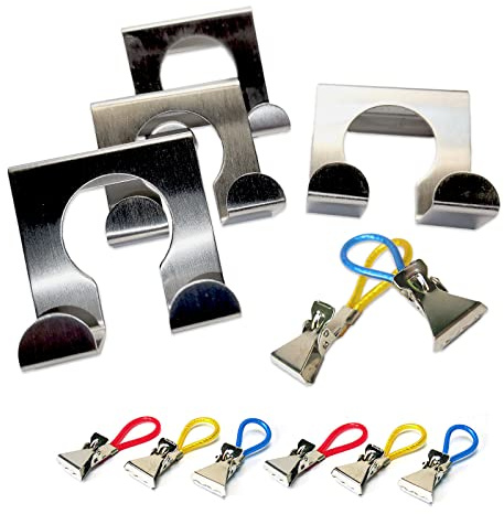 MGS SHOP Türhaken 4er Set rostfreier Edelstahl + 8 Stück bunte Handtuch Clips in 4 Farben (4 + 8 Clips)