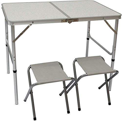 AMANKA Tavolino da PIC-nic incl 2 Sgabelli Tavolo da Campeggio 90x60x70cm Altezza Regolabile Pieghevole Formato Valigia Grigio Chiaro