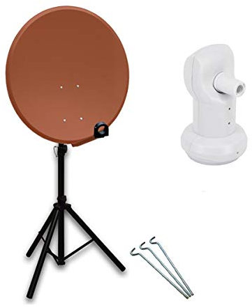 PremiumX Camping Satelliten-Komplettanlage 80cm Satellitenschüssel Ziegelrot SAT Single LNB Dreibein-Stativ inkl. 3X Heringe