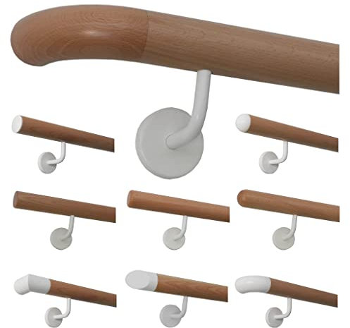 TIBU Buche Holz Handlauf Geländer weiße Edelstahl Halter 30-500cm Wandhandlauf Wand Treppe, Länge 430 cm mit 5 Halter und EndenHolzkrümmling
