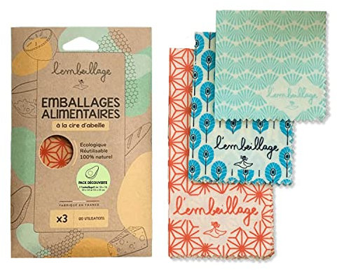 L'Embeillage®, Le Bee Wrap francese - Confezione alimentare riutilizzabile - Made in Francia, Bio e 100% naturale in cera d'api (Origami, Discovery (S, M, L))