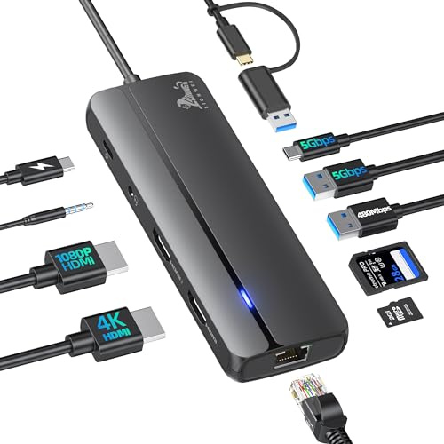Docking Station USB Doppia HDMI USB C Hub Adapter USB 3.0 Docking Station 2 Monitor con USB A/C, USB 2.0, SD/TF, RJ45, PD 3.0 Compatibile con MacBook Pro/Air/M1/M2/Dell/HP/Lenovo/Surface