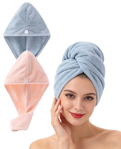 Lumimi uppsättning av 2 hårturban huvudhandduk av mikrofiber extra absorberande snabbtorkande fluffig knappstängning ljusrosa ljusblå