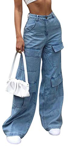 Onsoyours Jeans Femme Denim Pantalon Taille Haute Y2K Patchwork Jeans Droit Bleu XL