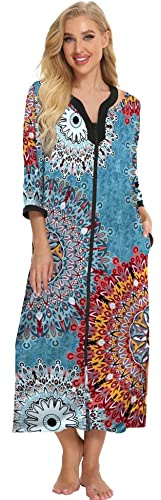 Bloggerlove Long Duster Housecoat Nightgown Womens Sleepwear Momo Dresses Cotton Short Sleeve Nightshirt Zip Front Bathrobe Nightwear House Dress With Pockets Comfy Lounger