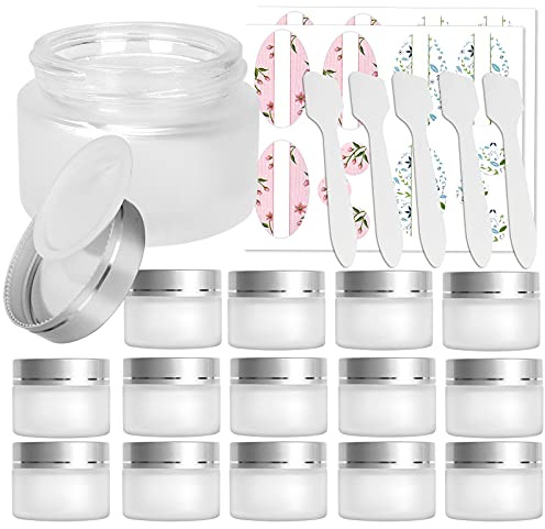 15 Pack, 1 oz 30 ml Frosted Glass Jars with Silver Lids & Inner Liners, Empty Matte Clear Round Refillable Cosmetic Containers Travel Jars for Cosmetics, Body Butter,Scrubs,Face Cream Lotion