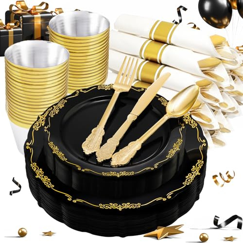 U-QE 175PCS Black Plastic Plates&Pre Rolled Napkins with Gold Cutlery, Black and Gold Plastic Dinnerware Set for 25Dinner Plates, 25Dessert Plates, 25Cups, 25Gold Silverware Sets, 25Napkins for Party