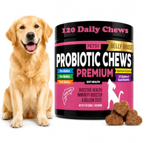 Probiotics for Dogs 5BIL CFUs FOS, PreBiotics, 12 Strains Good Bacteria Gut Skin Immune Itch Diarrhoea Premium Formula |100 Salmon Flav Daily chews | All ages Breeds| Dog Probiotics Gut Health Care