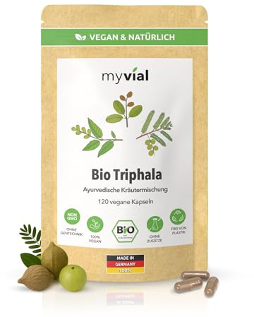 Bio Triphala Kapseln 120 Stück – Amalaki Bibhitaki Haritaki – Ayurvedisches Pflanzenpulver – Hochdosiert & vegan – Ohne Zusatzstoffe – Produziert in Deutschland